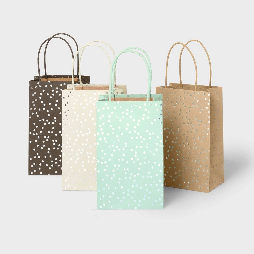 4pk XS Silver Foil Dots Gift Bags - Spritz: Polka Dot Paper, Classic Patterns, All Occasions, Small Gift Bag Pack - Bellso